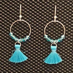 Teal and aqua glass beaded and tassel hoop earrings